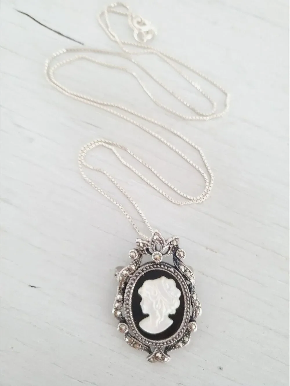 Vintage Sterling Silver Onyx Marcasite Cameo Brooch Pendant Necklace